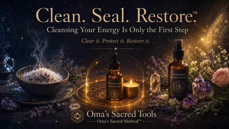 Clean Seal Restore spiritual ritual with cleansing salt, ritual oil and aura mist representing three stages of energetic care