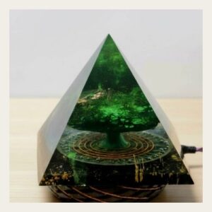 Emerald Green Shungite Orgonite Pyramid with clear quartz, copper and sacred elements for grounding and abundance