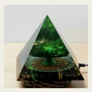 Emerald Green Shungite Orgonite Pyramid with clear quartz, copper and sacred elements for grounding and abundance
