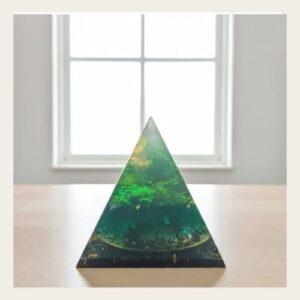 Emerald Green Shungite Orgonite Pyramid with clear quartz, copper and sacred elements for grounding and abundance
