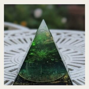 Emerald Green Shungite Orgonite Pyramid with clear quartz, copper and sacred elements for grounding and abundance