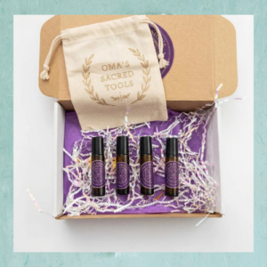 Personalized ritual oil set with four custom roll-on oils and lava rock diffuser bracelet