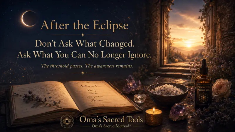 Post-eclipse spiritual integration with a fading eclipse, open doorway and journal representing awareness and what can no longer be ignored