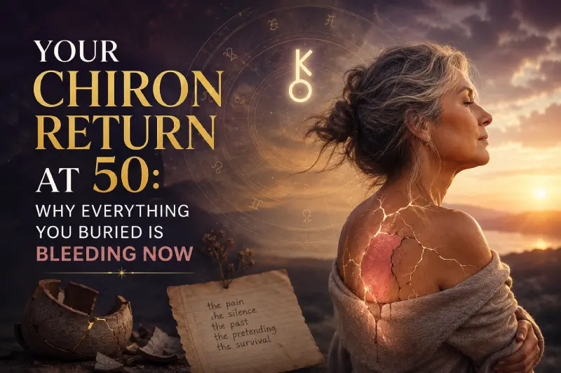 Woman experiencing her Chiron Return at 50 with a glowing symbolic wound and astrological chart