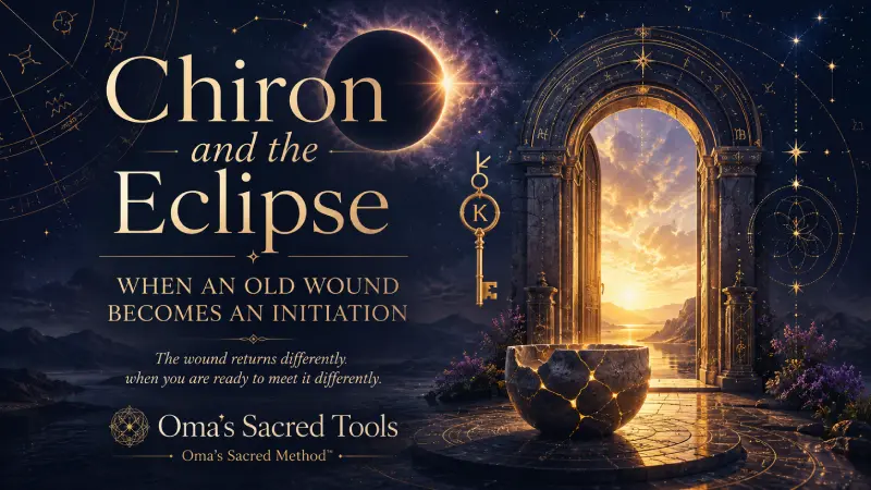 Chiron and eclipse symbolism with a celestial doorway, wounded healer imagery and golden light representing transformation and initiation