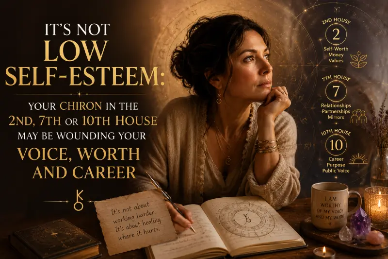 Woman reflecting on Chiron in the 2nd, 7th and 10th houses and its connection to worth, relationships and career
