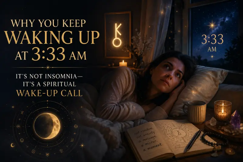 Woman waking up at 3:33 AM beside a glowing clock during a recurring Leak Hour