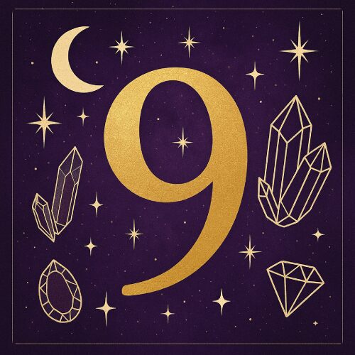 "Golden number 9 with moon and crystals on a purple cosmic background, symbolizing the spiritual energy and numerology of 2025"