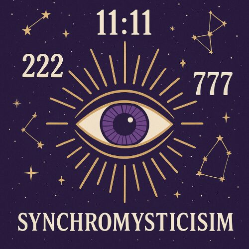 synchromysticism eye with angel numbers 11:11, 222, 777 and constellations on a purple cosmic background